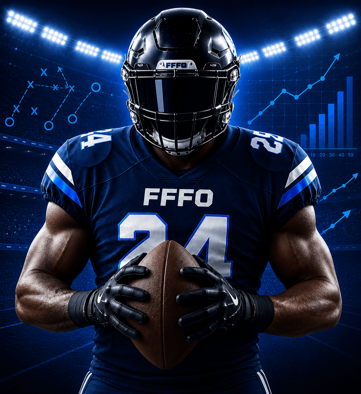 Fictional FFFO football player wearing number 24 in a blue analytics stadium scene